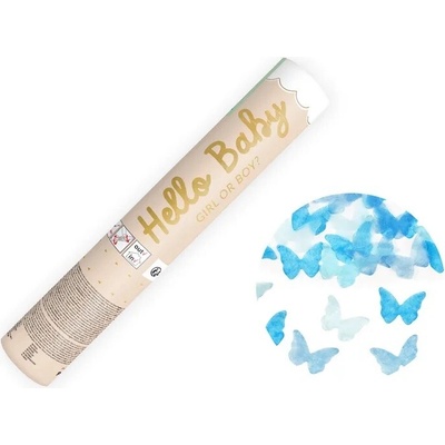 PartyDeco Vystreľovacie konfety Hello Baby Modré motýliky 20 cm