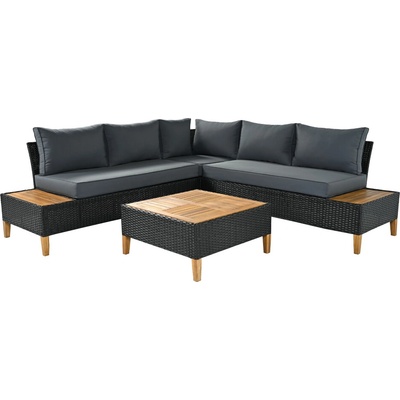 KONDELA MALKOM Záhradný ratanový set, akáciové drevo, čierna / sivá / prírodná,