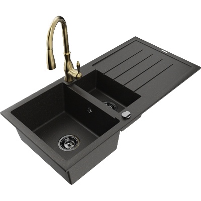 Mexen Andres гранитна мивка 1, 5-камерна с отцедник и кухненски смесител Savita, черен/златен - 6515-75-672601-50-B (6515-75-672601-50-B)