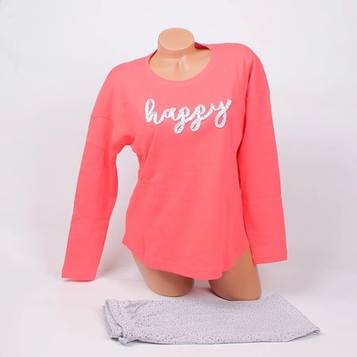 Дамска пижама в коралово и светлосиво с надпис