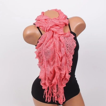 Image 1 of Дамски плетен шал в коралово с къдрици и ресни