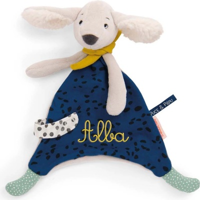 Moulin Roty maznajúci obrúsok psík modrý Puce & Pilou