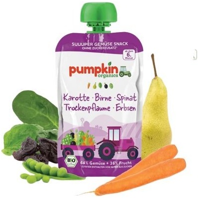 PUMPKIN ORGANICS Zeleninové pyré z mrkvy špenátu hrášku s hruškou sušených sliviek BIO 100 g