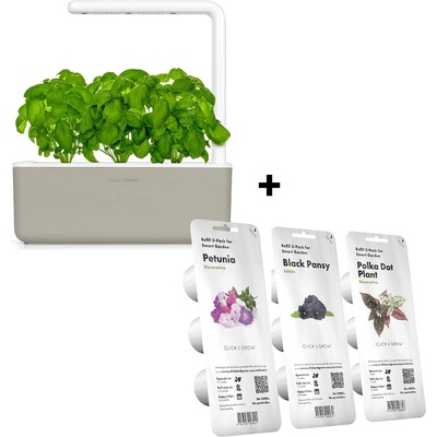 Click & Grow Комплект Click and Grow смарт саксия Smart Garden 3, Бежова + семена 3 броя - Черна теменужка/ Петуния/Хипоестес (SGS7UNI_Flower Bundle)