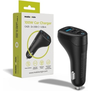 Mobile Origin Зарядно за кола с 2xUSB-C и USB-A изходи с технология за бързо зареждане и USB-C към USB-C кабел - Mobile Origin CA25 Triple Quick Car Charger 100W (черен) (MO-100WCCH-CA25)