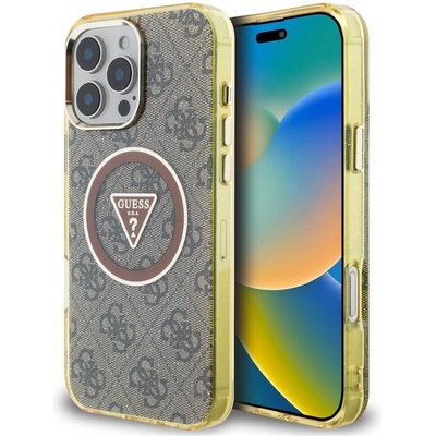 GUESS Хибриден удароустойчив кейс с MagSafe за iPhone 16 Pro Max - Guess IML 4G Glitter And Triangle Logo MagSafe Case (кафяв-жълт) (GUHMP16XHG4PRTGW)