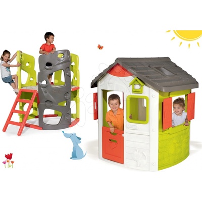 Smoby set domček Jura Lodge s dvoma dverami a preliezačka Multi-Activity Tower so šmykľavkou 810500-20