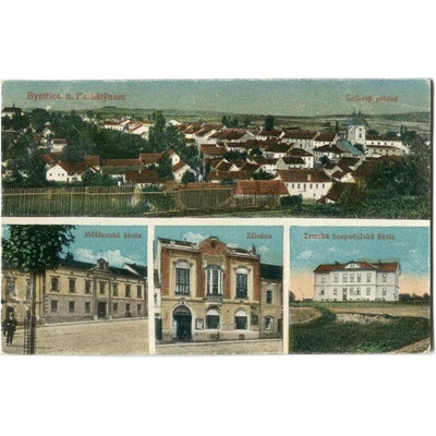 BYSTŘICE nad Pernštejnem. Celkový pohled. Měšťanská škola. Záložna. Zemská hospodářská škola. 1918. – Zboží Dáma