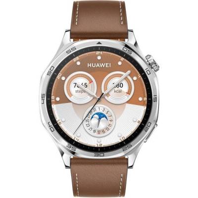 Смарт часовник Huawei Watch GT5 46мм Vili-B19L (Brown Leather), 1.43" (3.63cm) AMOLED дисплей, Bluetooth, GPS, оптичен сензор за пулс, до 14 дни време на работа, 5ATM, кафява композитна кожена каишка