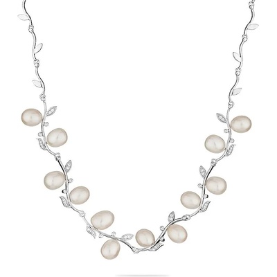 Swan Сребърно колие със сладководни бели перли и листенца цирконий CAA003 Swan
