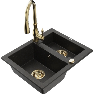 Mexen Carlos мивка от гранит с 1, 5 камери с кухня батерия Savita, черно/златно металиково - 6518-75-672601-50 (6518-75-672601-50)