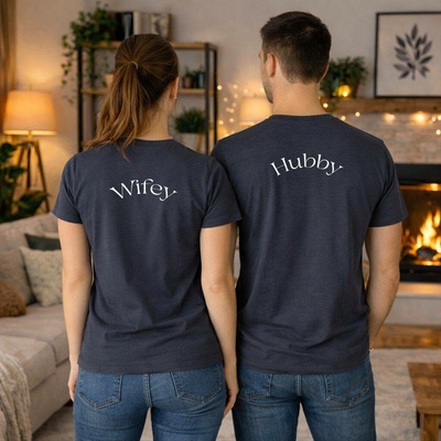 Trička s potiskem WIFEY a HUBBY, pro pár Barva: Modrá, Velikosti: On L Ona XXL, Varianta potisku: Na zádech