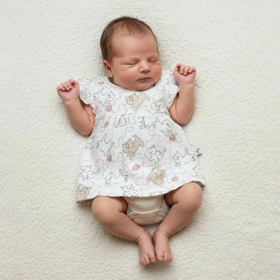 Baby Service Dojčenské body/šaty krátky rukáv mušelín Mačičky