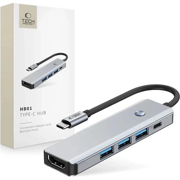 Tech-Protect HB01 HUB Adapter 5in1 USB-C + USB3.0 + HDMI 4K 60Hz + PD100W - сив (5906302360529)