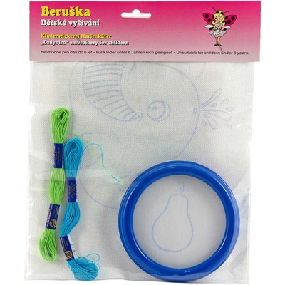 Dětské vyšívání set rámeček vyšívací + 3 předlohy a 4 příze v sáčku různé barvy
