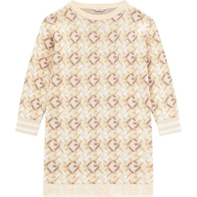 Guess Плетена зимна рокля за момиче в бежово, покрита с щампи Guess