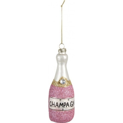 Clayre & Eef Růžová vánoční skleněná ozdoba láhev šampaňské Champagne Ø 4*12 cm