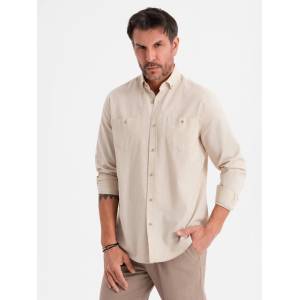 Ombre Clothing Мъжка памучна риза с класическа яка и джобове REGULAR FIT - кремаво Ombre Clothing | Byal | МЪЖЕ | S