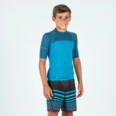 Olaian chlapčenské tričko 500 s ochranou proti UV krátky rukáv na surfovanie modré