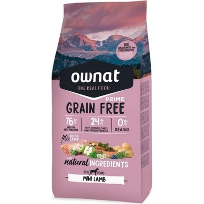 OWNAT Grain Free Prime MINI ADULT LAMB - Натурална суха храна за кучета от дребни породи, БЕЗ зърнени култури, с 76% качествено агнешко месо - 3 кг, Испания - 114423