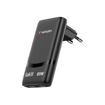 Verbatim 32354, Fold , n, Go, GaN зарядно устройство за мрежа 2 USB-C PD 3.0, черен, 65W, твърда вилка на ЕС (32354)