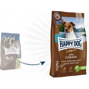 Happy Dog Mini Canada - храна за чувствителни млади кучета и за активни възрастни кучета от дребни породи, склонни към алергични прояви, със сьомга, заек и агне 4 кг, Германия - 61239