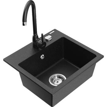 Mexen Milo гранитна мивка 1-камерна с кухненски смесител Telma, черно/сребристо - 6505-73-670200-70 (6505-73-670200-70)
