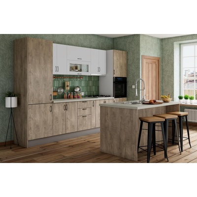 Кухненски комплект Лукс 12 ПДЧ дъб суров и МДФ супер мат бял