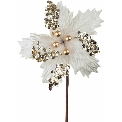 Kvet MagicHome Vianoce, poinsettia, s guľkami, champagne, 18 cm, veľkosť kvetu: 20 cm