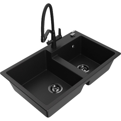 Mexen Tomas гранитна кухненска мивка 2-камерна с кухненски смесител Duo, черен - 6516-77-671701-70-B (6516-77-671701-70-B)