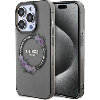 GUESS Flowers Ring Glossy Logo MagSafe Case - хибриден удароустойчив кейс с MagSafe за iPhone 15 Pro Max (черен-прозрачен)