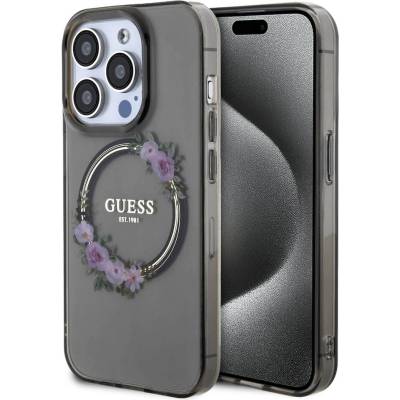 GUESS Flowers Ring Glossy Logo MagSafe Case - хибриден удароустойчив кейс с MagSafe за iPhone 15 Pro Max (черен-прозрачен)