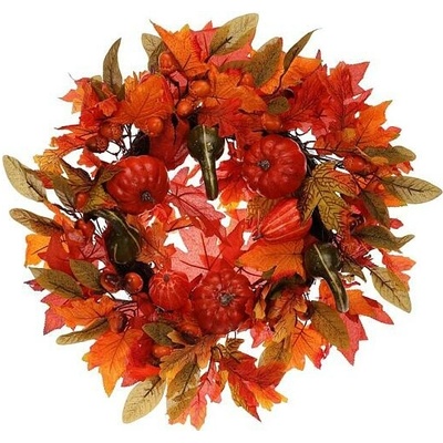 Autronic Věnec zdobený 58 cm barevné listí, dýně a plody PRZ4114 Oranžová, Textil