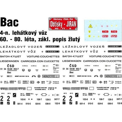 Obtisky Jiran obtisk na 4-osý lehátkový vůz Bac 60. 80. léta t0229