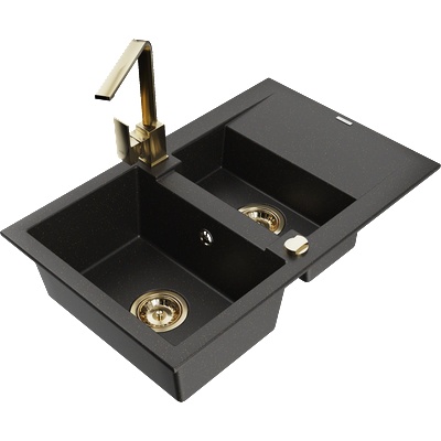 Mexen Gaspar гранитна мивка с 1, 5 камери с отцеждащ плот и кухненски смесител Rita, черен/златен - 6507-75-670300-50 (6507-75-670300-50)