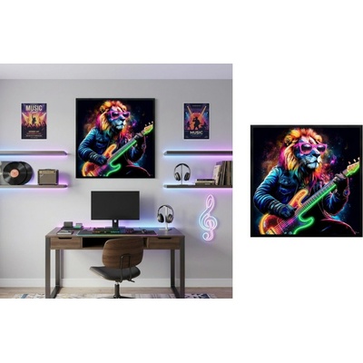 Lev s basgitarou v neon štýle - pop art LED hudobný obraz na stenu - 83 × 83 cm