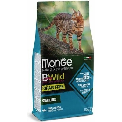MONGE BWild Cat Grain free Sterilised bezobilninové kompletné krmivo pre sterilizované dospelé mačky s tuniakom a hráškom 1,5 kg
