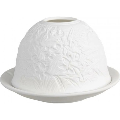 Bílý porcelánový svícen na čajovou svíčku s kytičkami a trávou – 12x8 cm