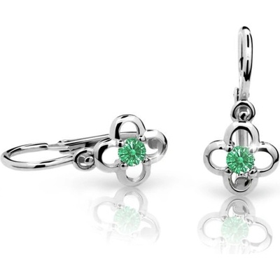 Danfil dětské náušnice kytičky C1944 z bílého zlata s kamínkem Emerald Green zapínání brizura