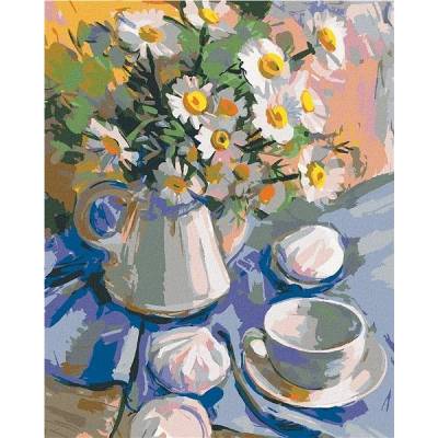 Zuty Malování podle čísel Kopretiny ve váze na modrém ubrusu 80 x 100 cm vypnuté plátno na rám