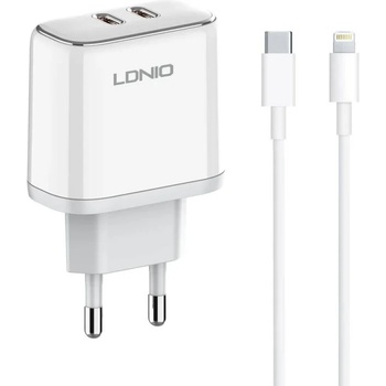 LDNIO Мрежово зарядно устройство LDNIO A2528C, 35W, 2 x Type-C F, PD, С Кабел Type-C към Lightning, Бял - 40283