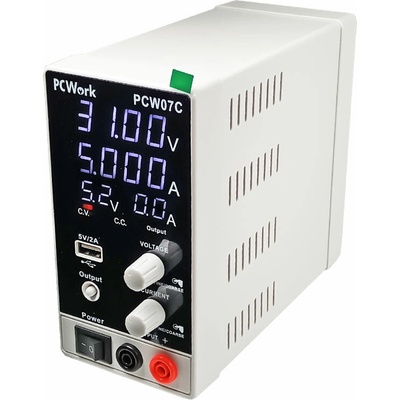 Laboratorní spínaný zdroj PCW07C DC 0–30 V / 0–5 A, CV/CC, USB 5 V / 2 A