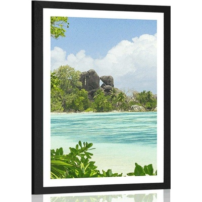 Plakát s paspartou nádherná pláž na ostrově La Digue - 30x45 black