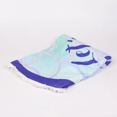 Кръгла кърпа за плаж с русалка и надпис в сини тонове