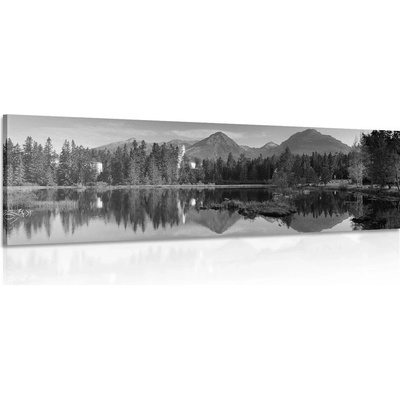Obraz nádherné panorama hor u jezera v černobílém provedení - 90x30