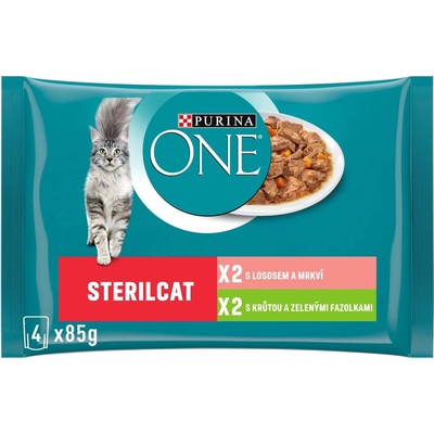 Purina One Sterilcat s krůtou a zelenými fazolkami s lososem a mrkví ve šťávě 4 x 85 g