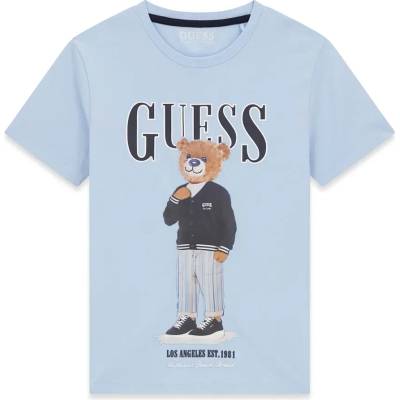 GUESS Светло синя тениска за момче с цветно мече и тъмносин надпис Guess