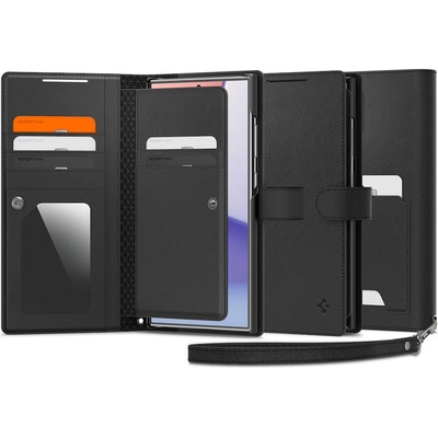 Spigen Wallet S Plus Case - кожен калъф, тип портфейл и поставка за Samsung Galaxy S24 Ultra (черен)