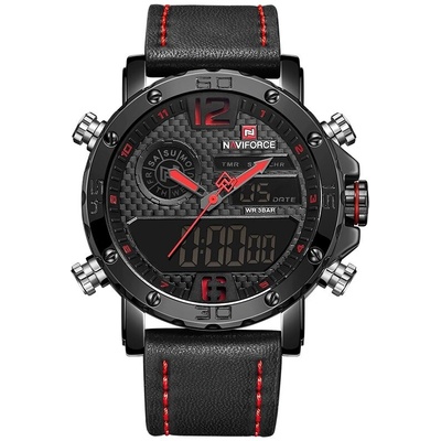 Naviforce Мъжки часовник NaviForce Evection, Кожа, Хронограф, Черен/Червен (NAVIFORCE-9134-BLACK-RED)
