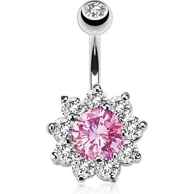 Šperky eshop piercing do pupíku z chirurgické oceli blyštivý květ z růžových a čirých zirkonů PC24.13